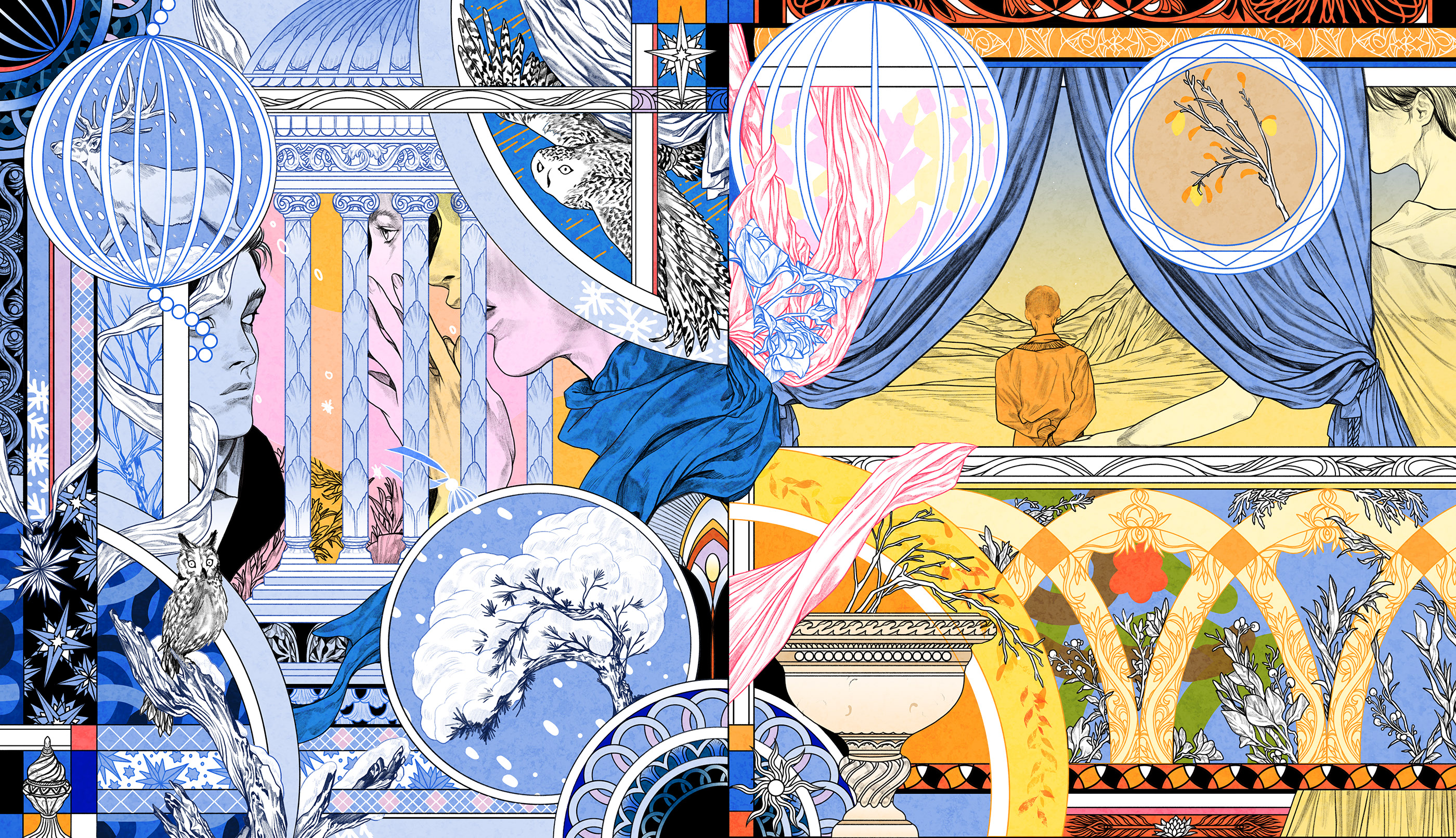 This set of illustrations has a sense of tension, and the colors are so ...